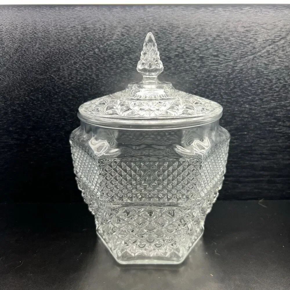 Anchor Hocking Wexford Cookie Jar w/ Lid Cut Glass 1960’s MCM Regency